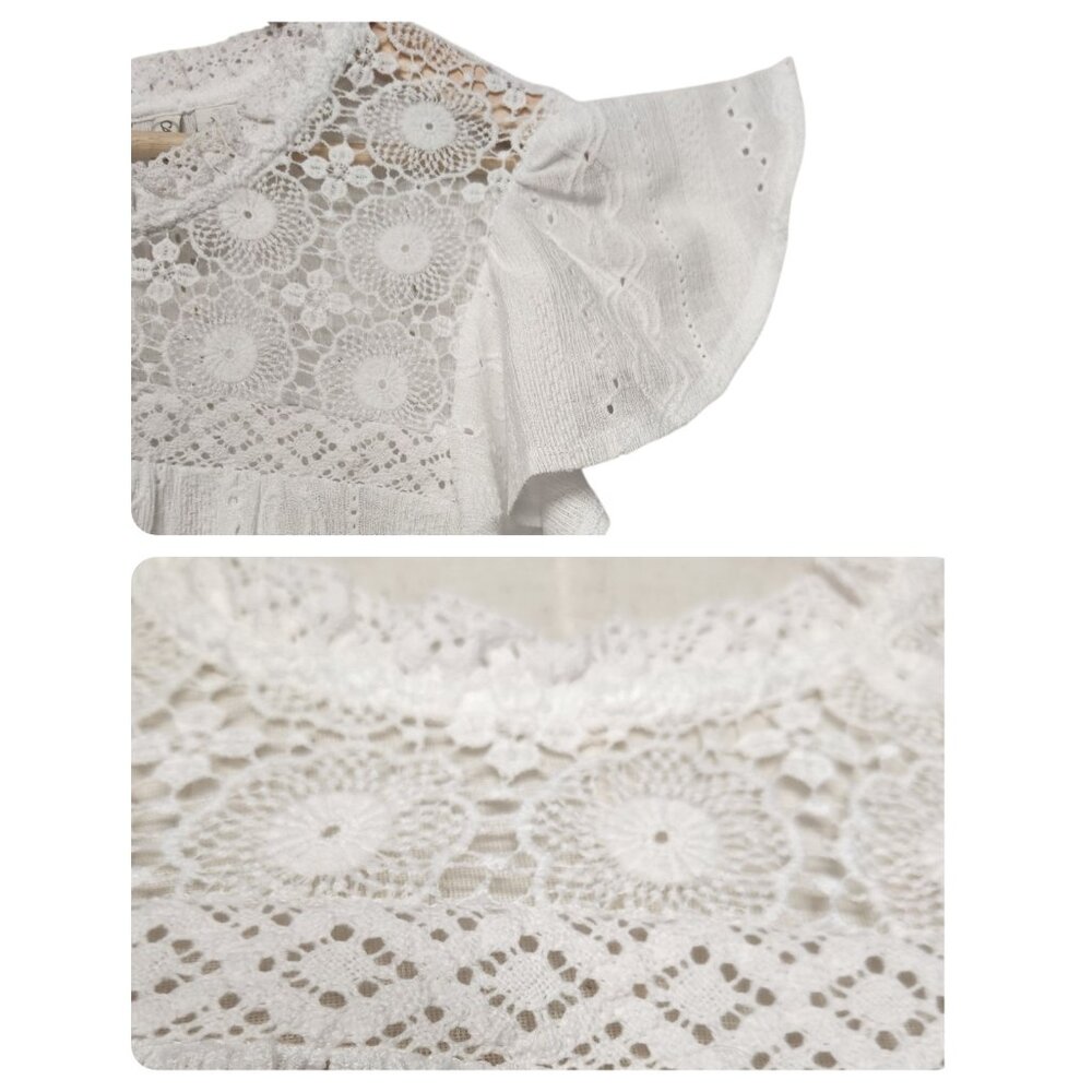 Cato Size XL Blouse Short Flutter Sleeve Eyelet Crochet White Cottage Coastal - Picture 7 of 8